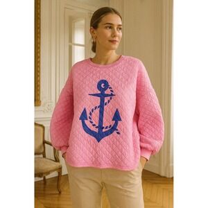 Judith March Sz Lg‎ Pink Quilted Anchor Sweatshirt Oversized Nautical Cozy